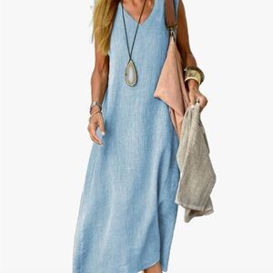 Linen Blue Sleeveless Maxi Dress
